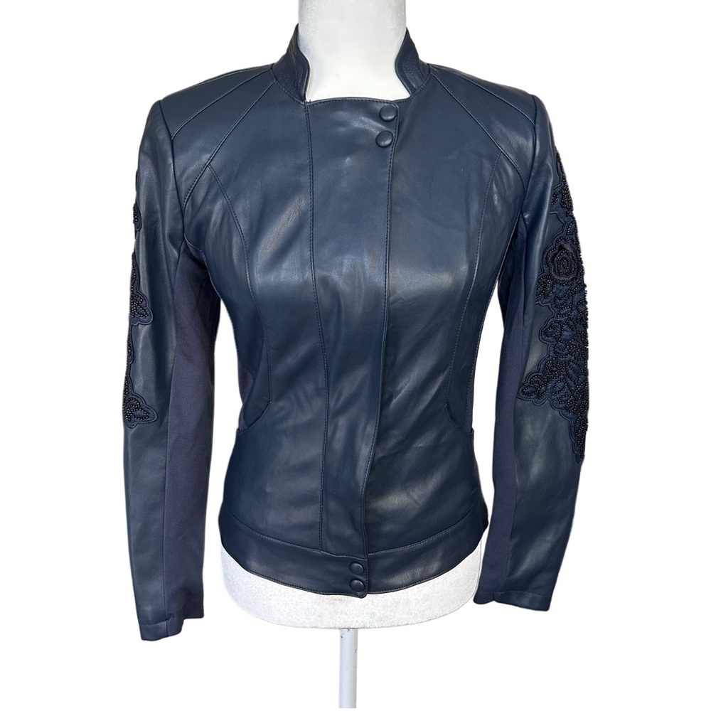 G by Guiliana Vintage Vegan Leather Beaded Embroidered Floral Navy Jacket Size 0